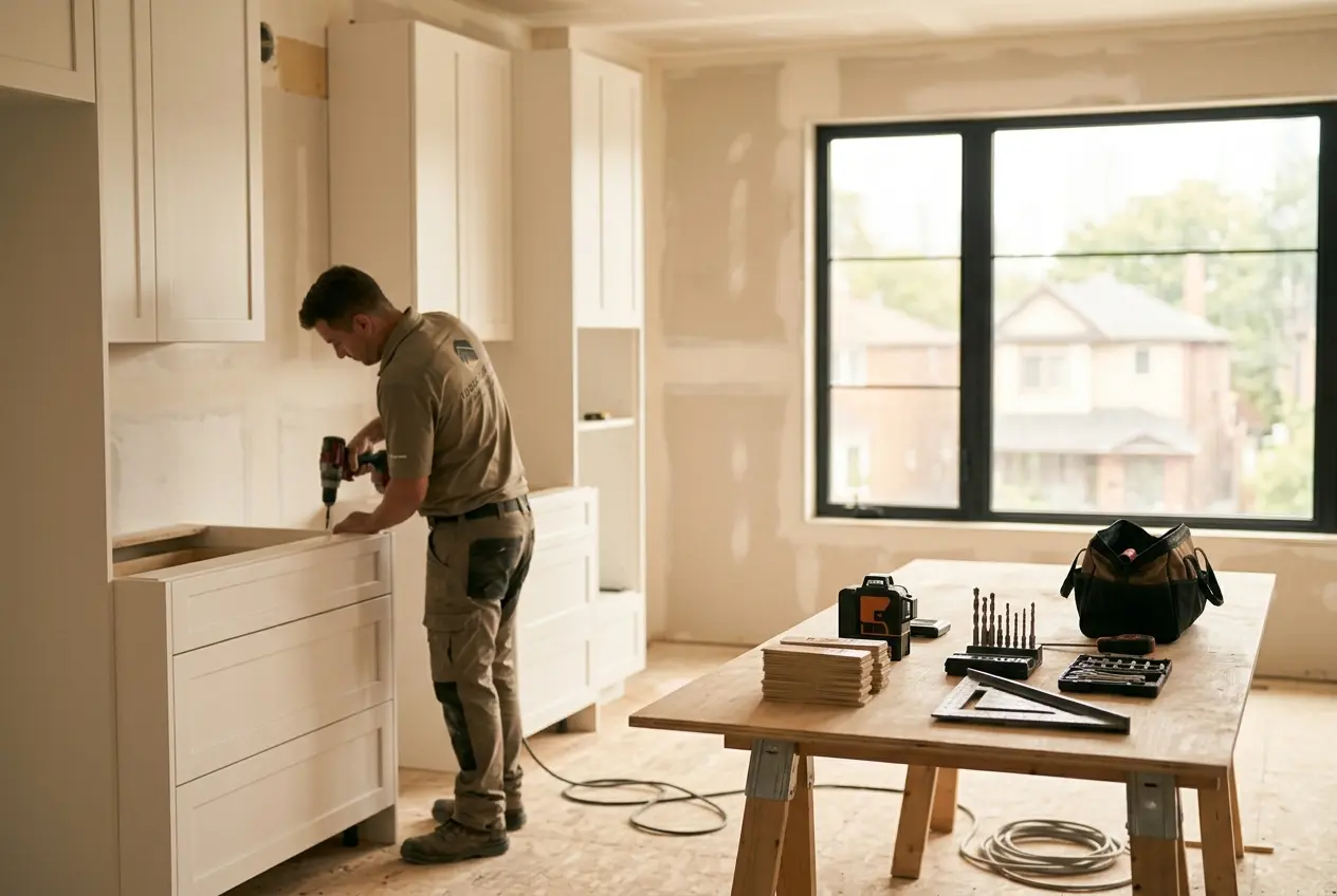 Arc & Stone craftsman installing cabinetry during a Toronto home renovation