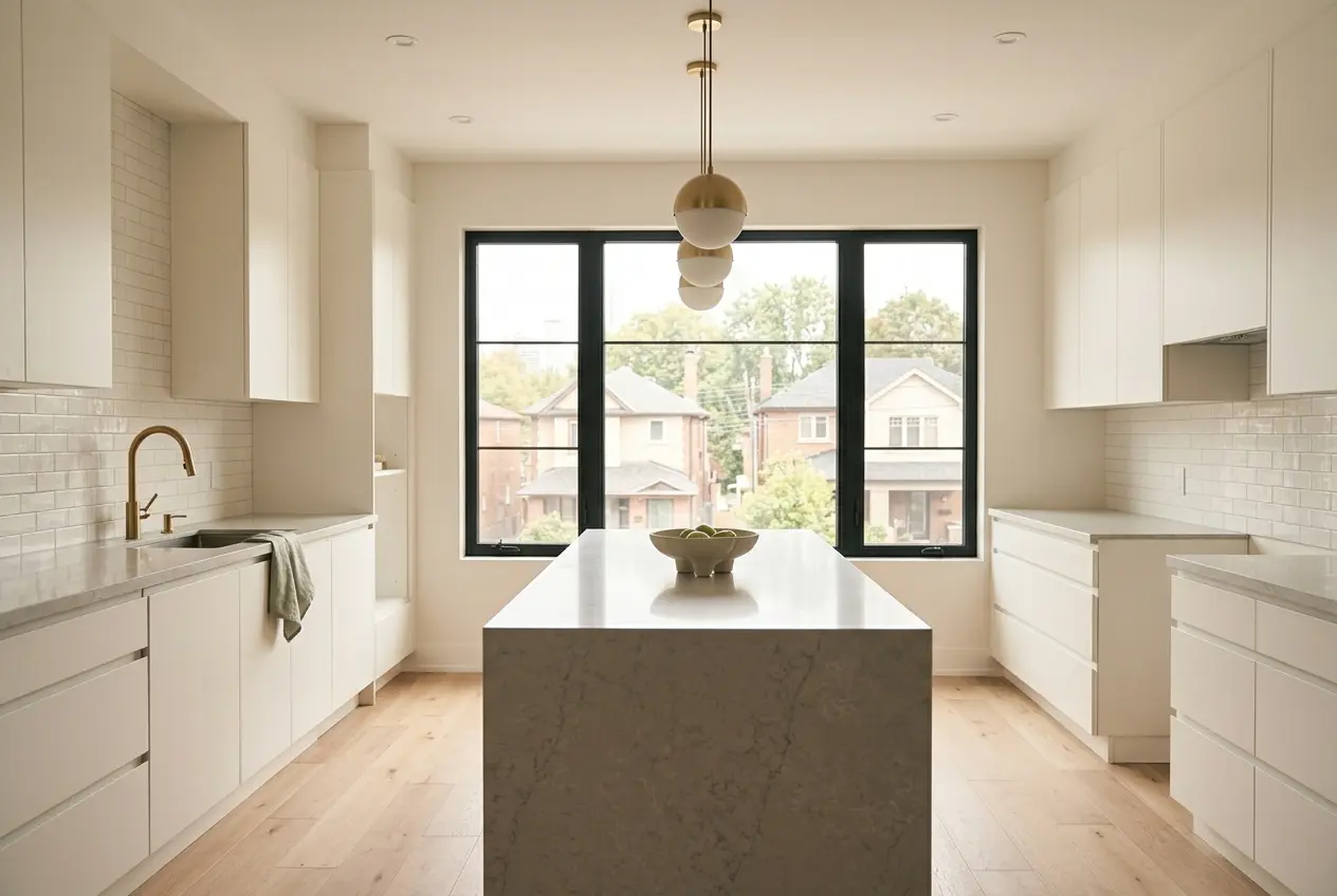Minimal white handleless kitchen renovation with quartz countertops — Arc & Stone Toronto