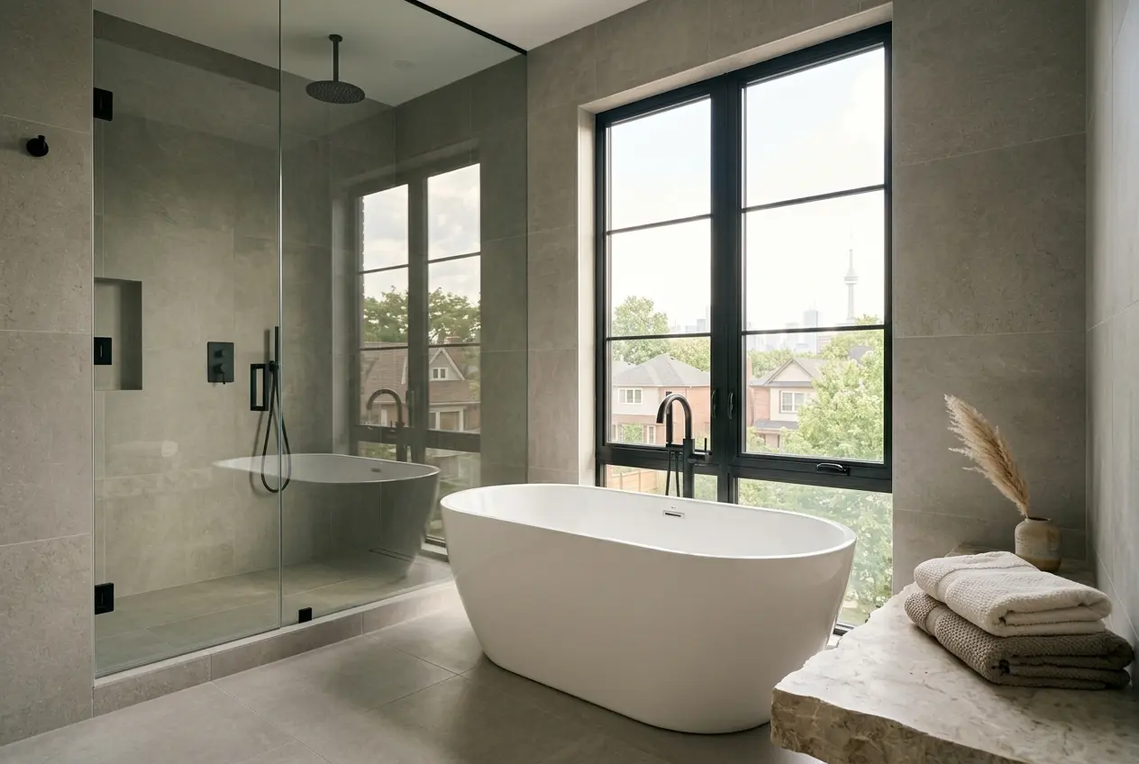 Luxury bathroom renovation with large-format tile and freestanding tub — Arc & Stone Toronto